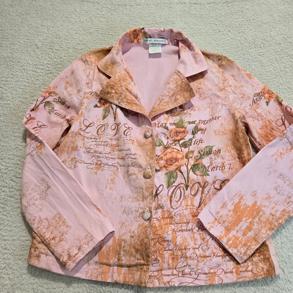 Daniel Benjamin Pink Denim Jacket Floral Print with Sequins Size M Soft Girl